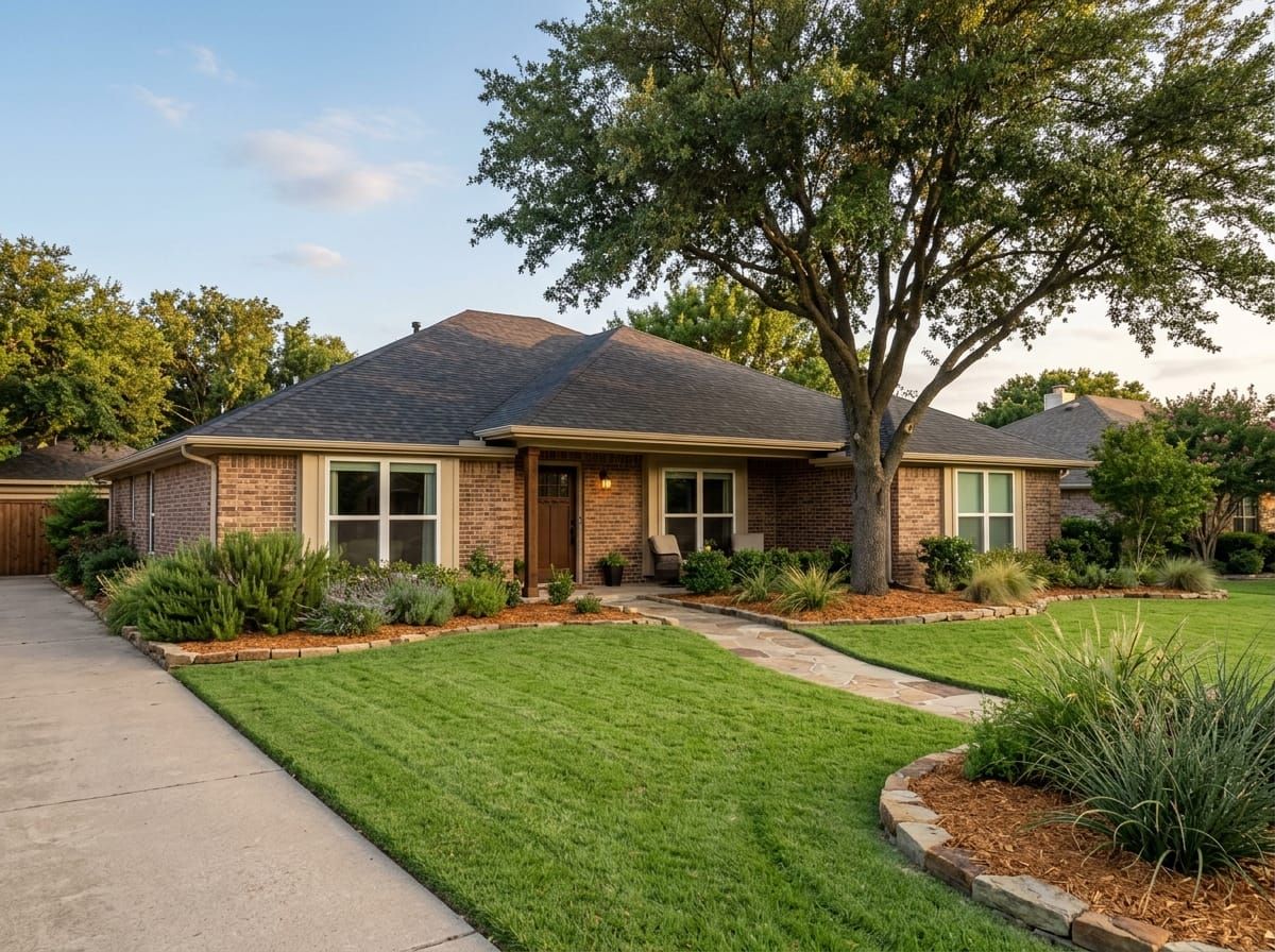 A landscaped residential yard in Cleburne, TX