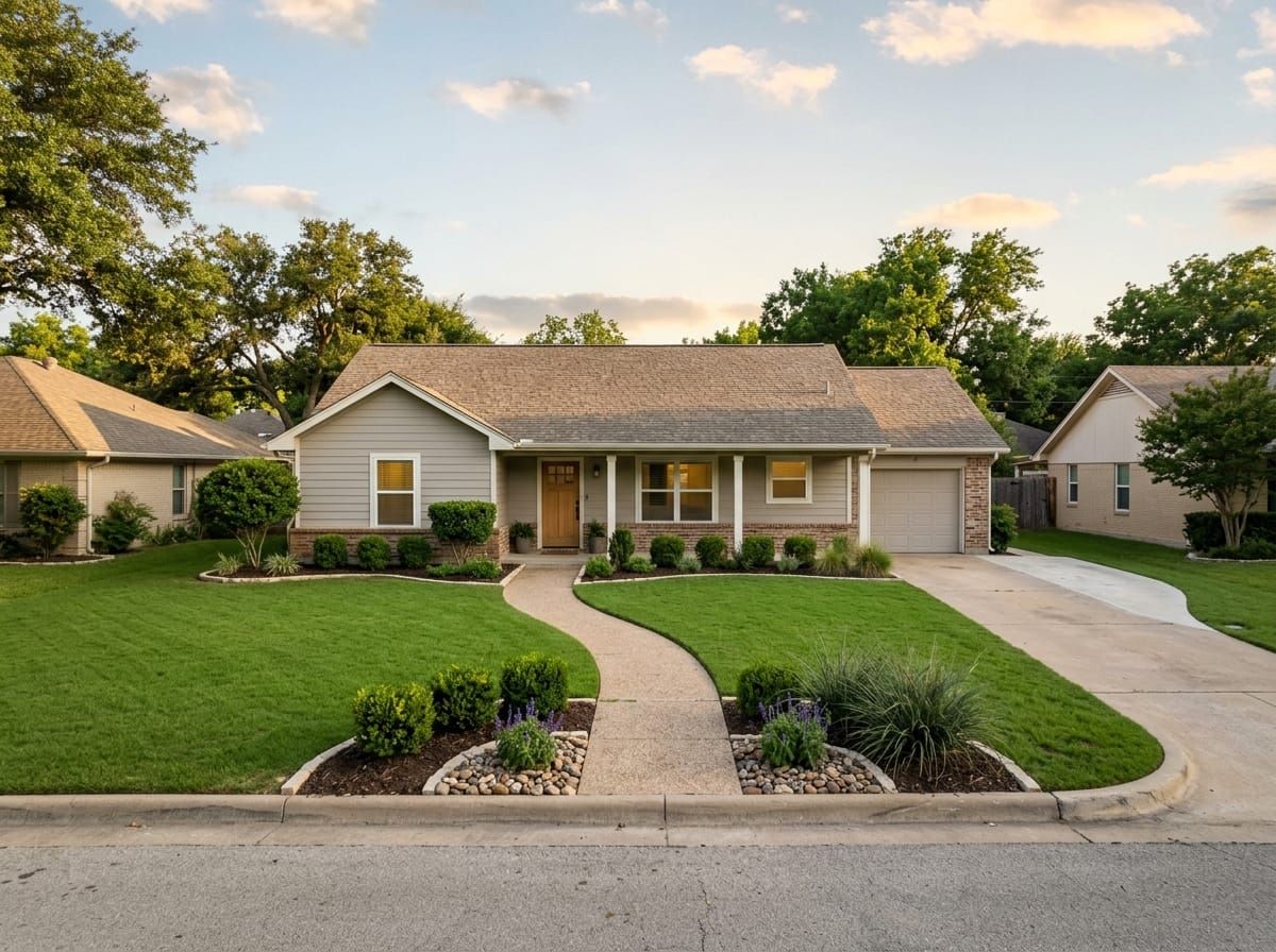 A landscaped residential yard in Keene, TX