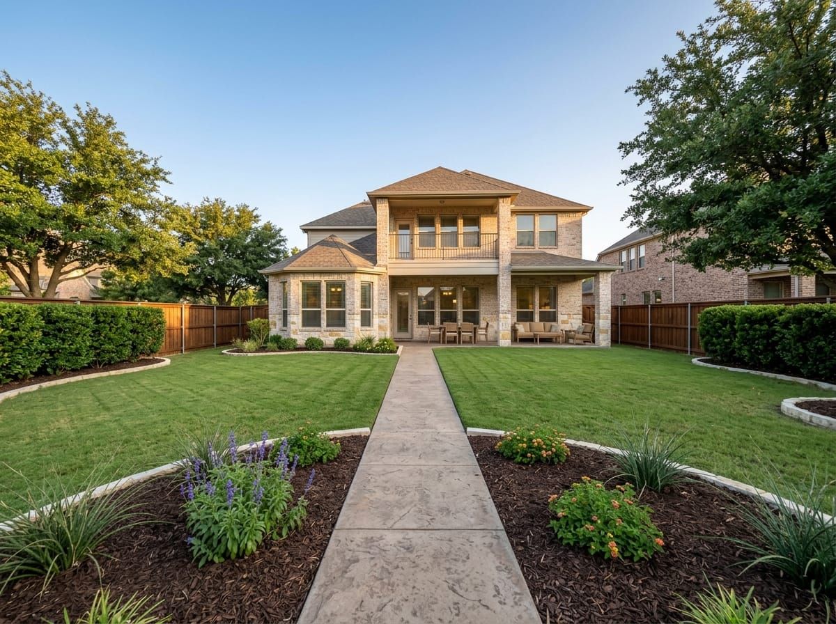 A landscaped residential yard in Mansfield, TX