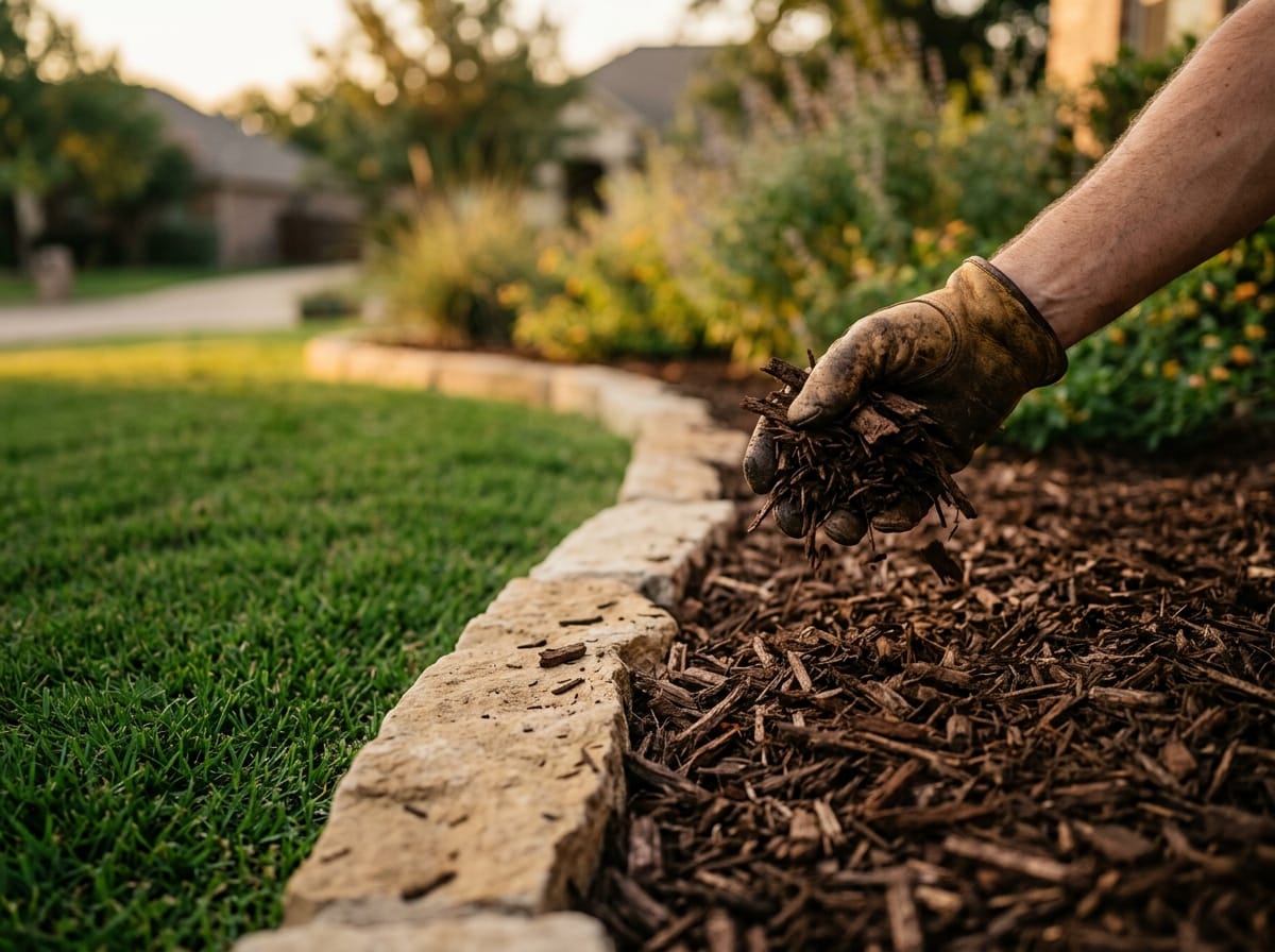 Mulch Installation being performed on a North Texas residential property